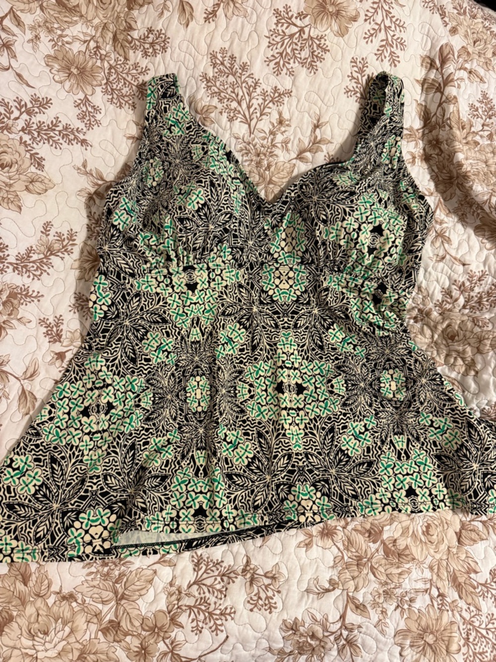 Women’s Black and Mint Green Printed Swim Top